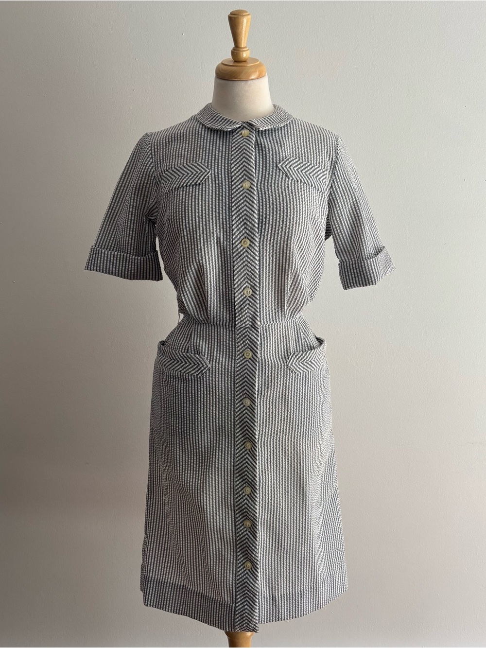 Vintage 1960s Railroad Stripe Seersucker Shirtdress / 26 waist